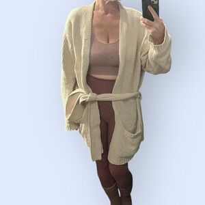 Plush Chenille Knit Belted Cardigan Sweater Jacket Beige Cream L/XL